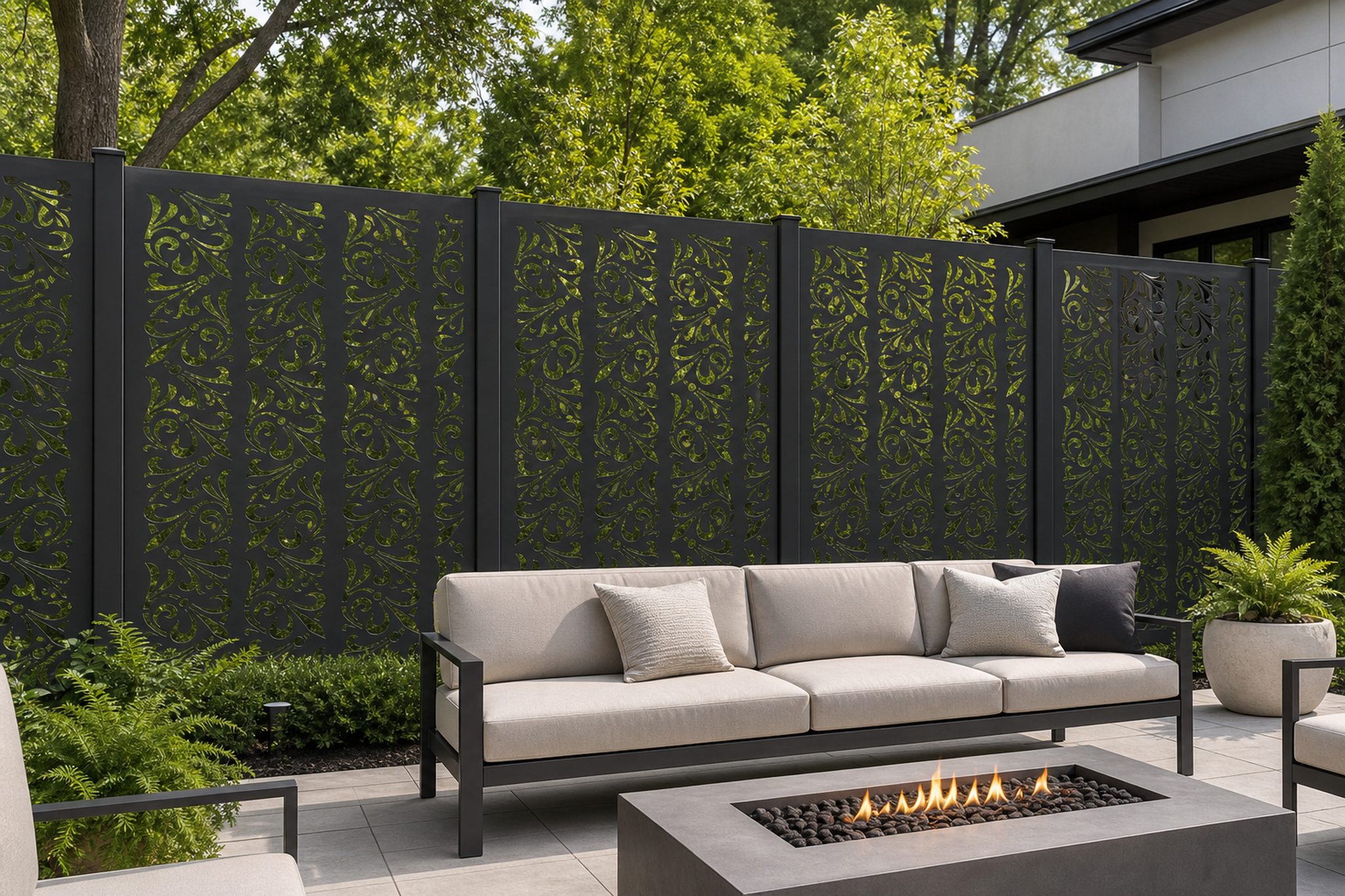Design 108 Leaf Scroll Border Laser Cut Metal Privacy Screen Panel installed garden daylight view