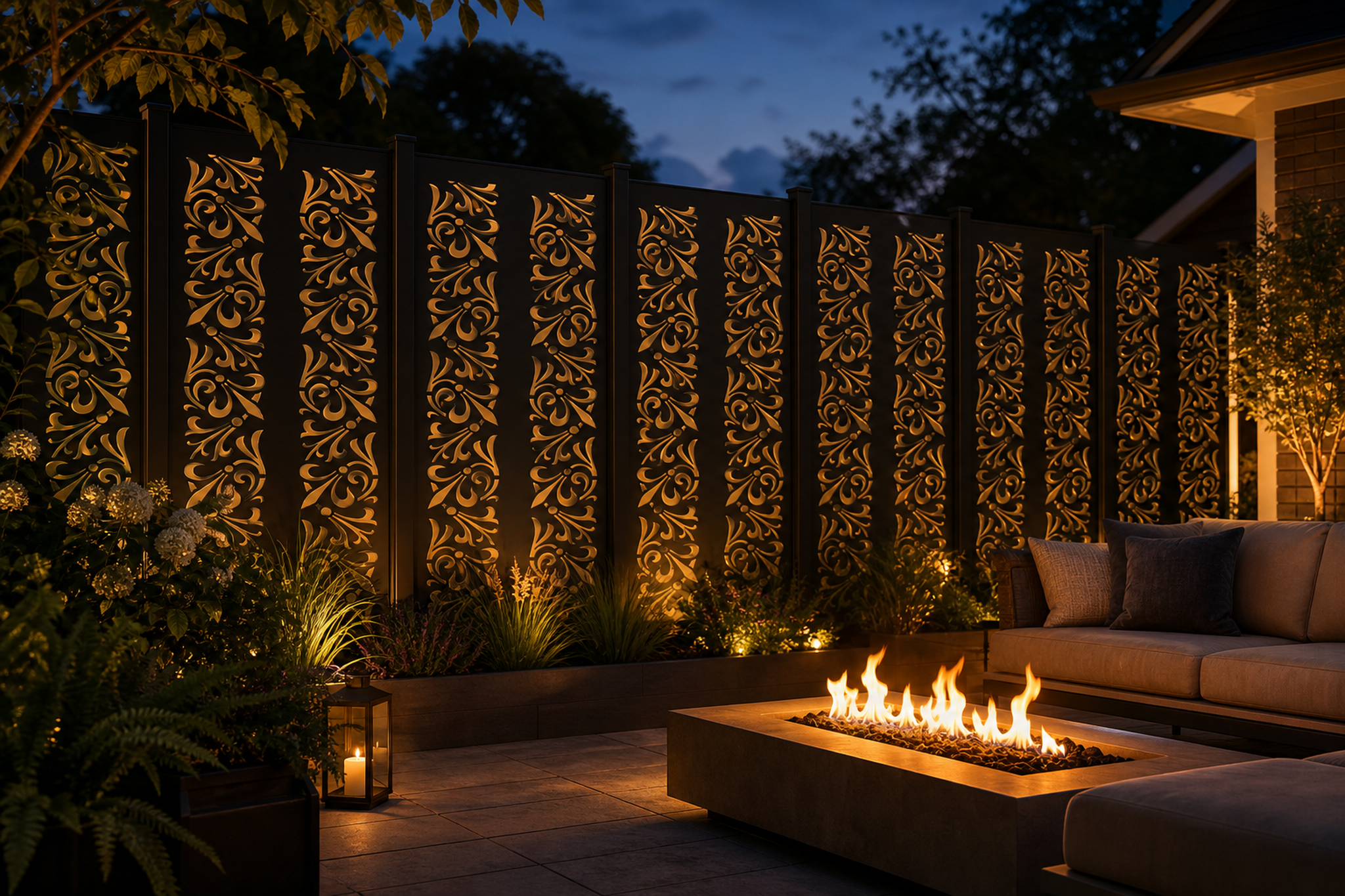 Design 108 Leaf Scroll Border Laser Cut Metal Privacy Screen Panel installed garden night lighting view
