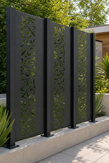 Design 108 Leaf Scroll Border Laser Cut Metal Privacy Screen Panel oblique angle view