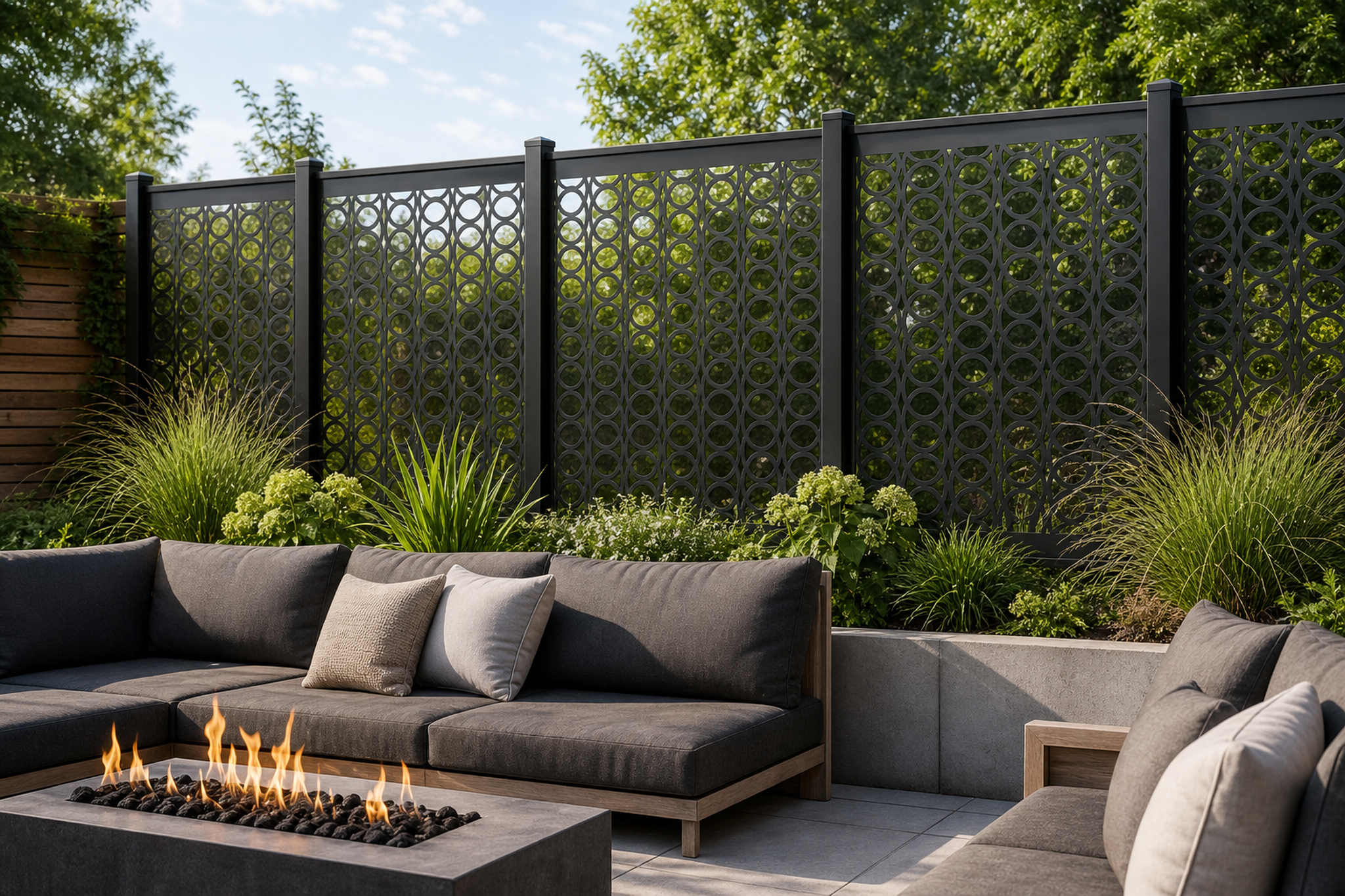 Design 109 Large Circle Chain Laser Cut Metal Privacy Screen Panel installed garden daylight view