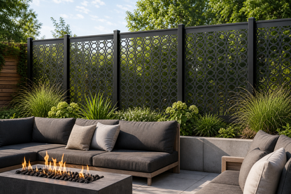 Design 109 Large Circle Chain Laser Cut Metal Privacy Screen Panel installed garden daylight view
