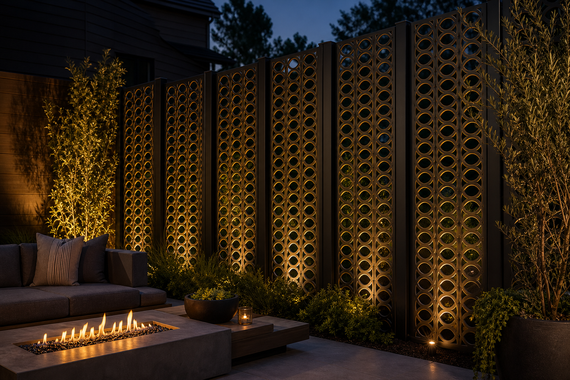 Design 109 Large Circle Chain Laser Cut Metal Privacy Screen Panel installed garden night lighting view