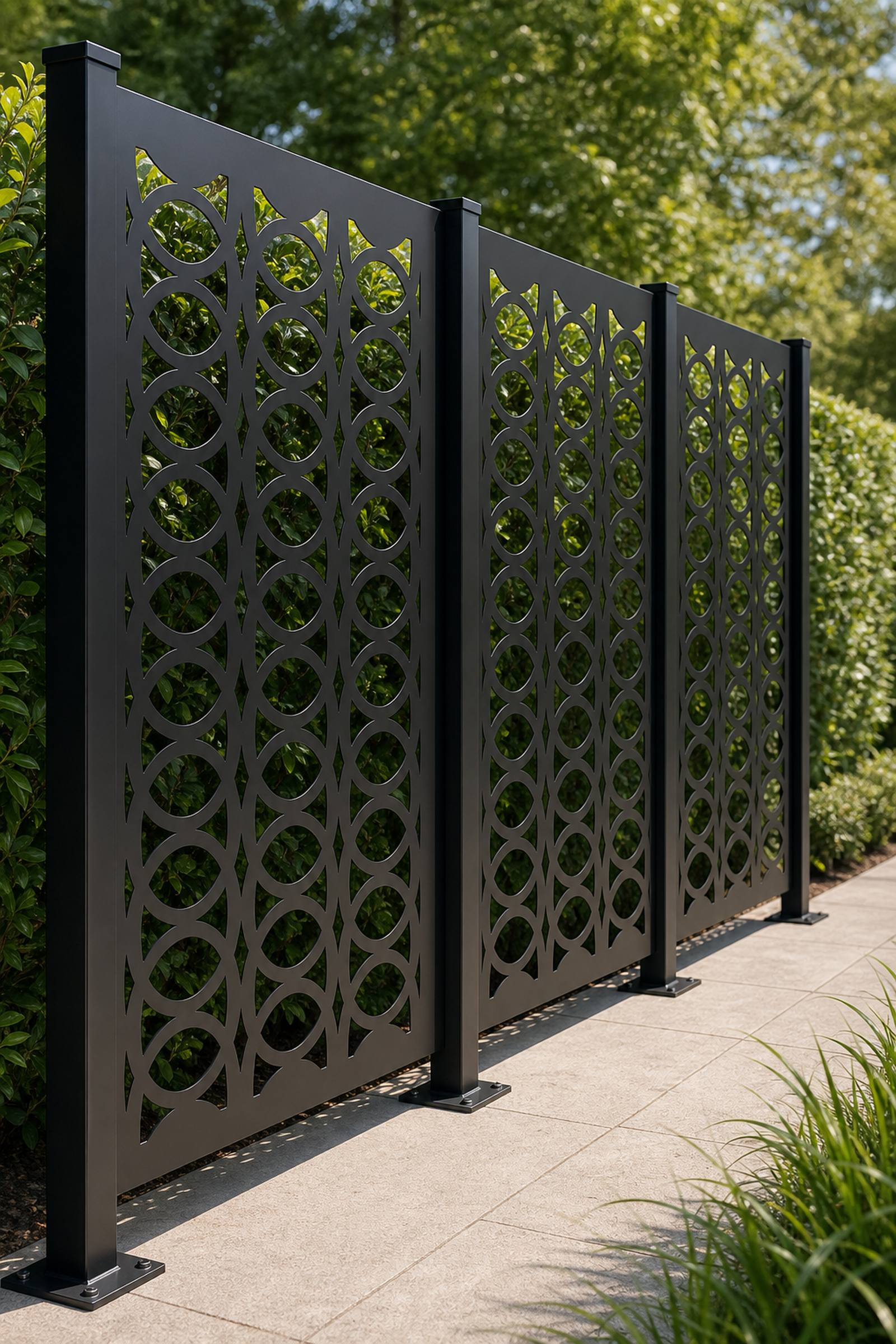 Design 109 Large Circle Chain Laser Cut Metal Privacy Screen Panel oblique angle view