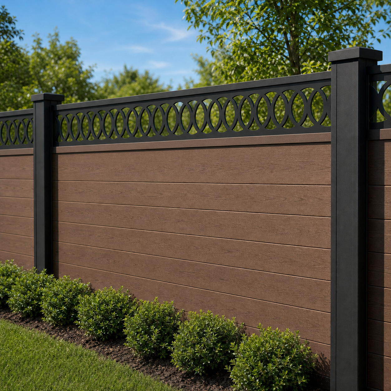 Open Circle Chain laser cut fence extension panel installed on composite fence, angle view, Design 109