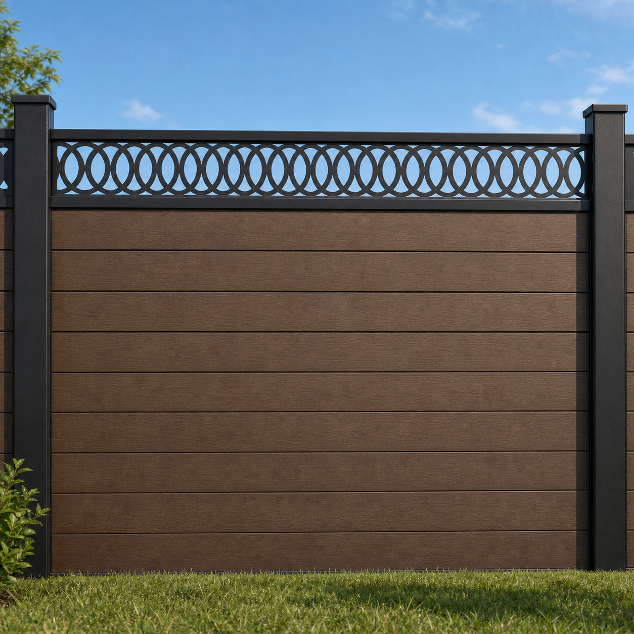 Open Circle Chain metal fence topper installed above WPC composite privacy fence, front view, Design 109
