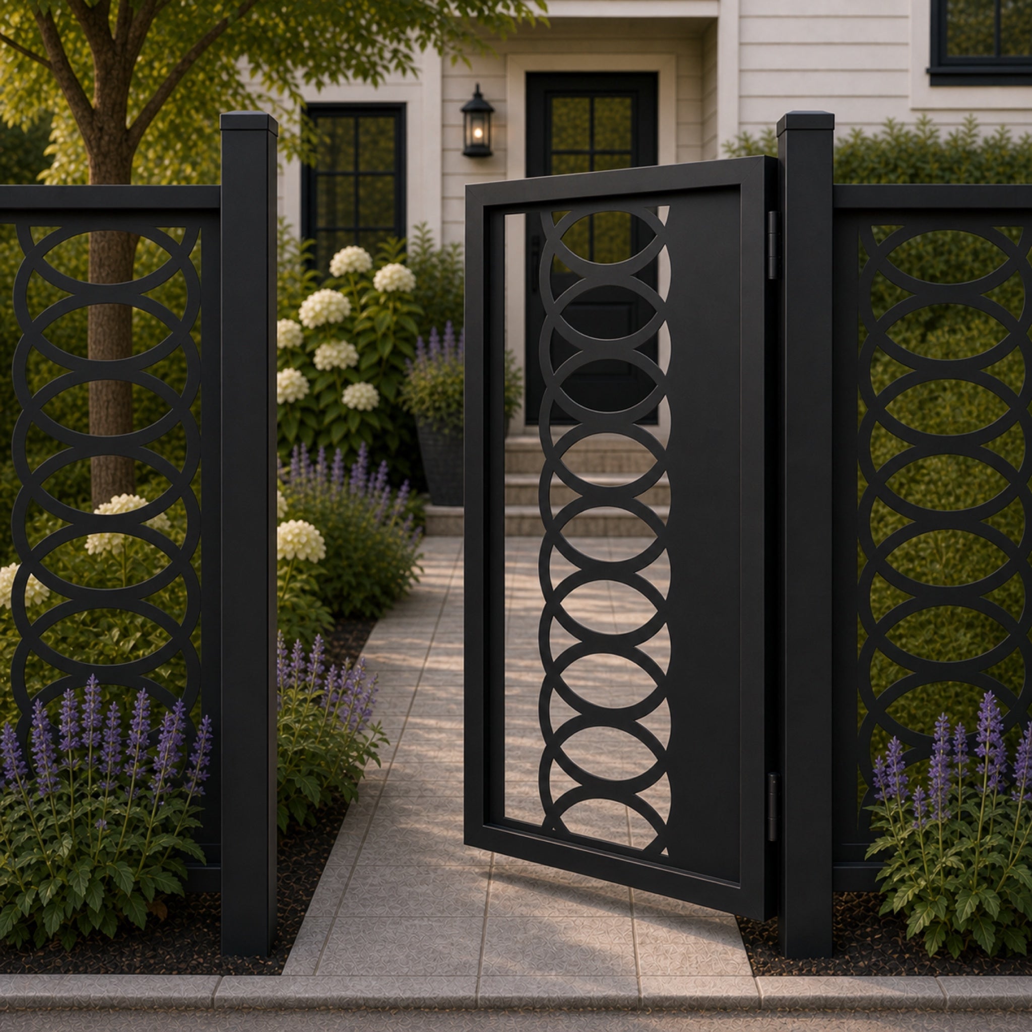Design 109 overlapping oval chain black aluminium side gate open view