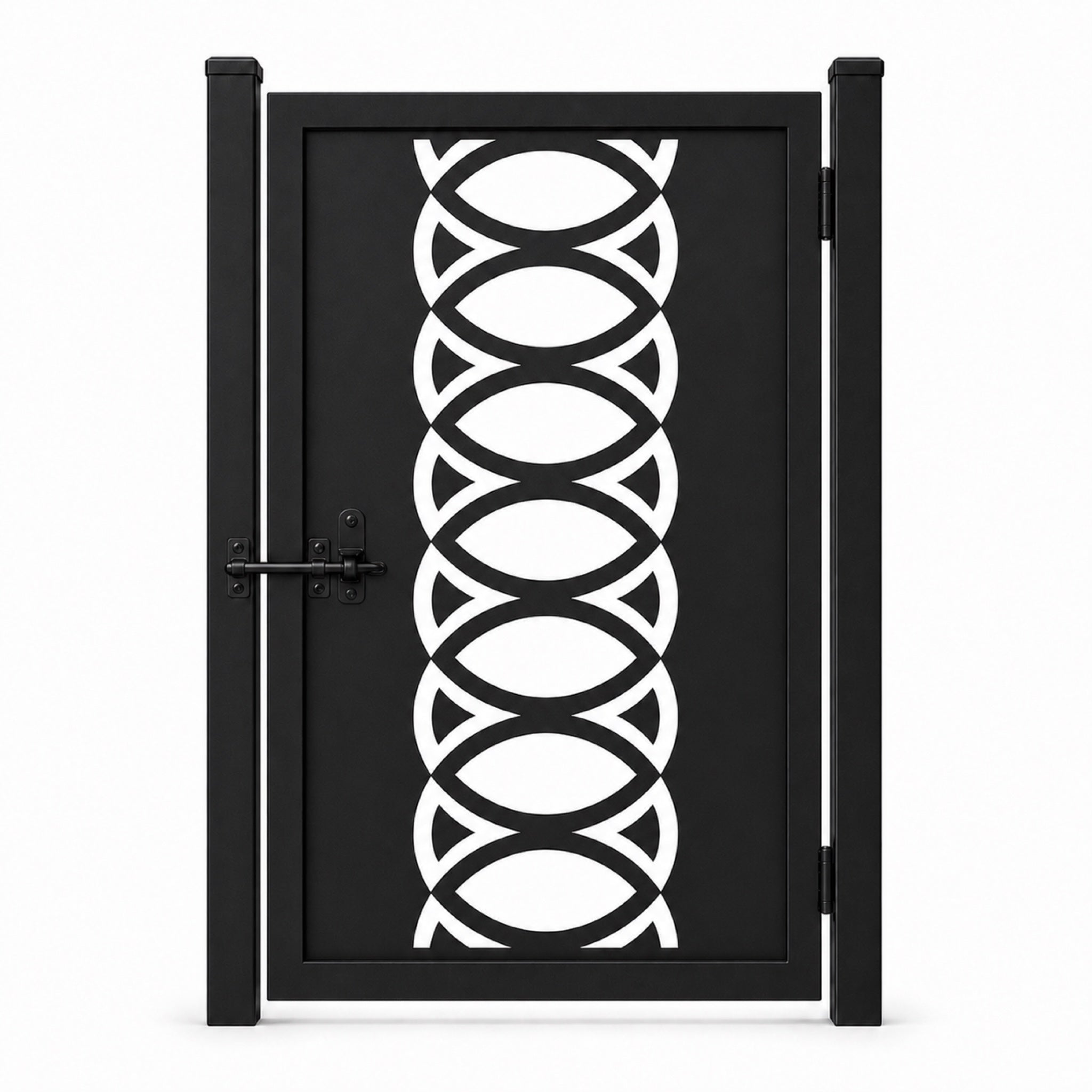 Design 109 overlapping oval chain black laser cut metal pedestrian gate closed view