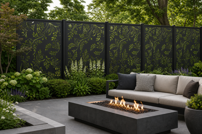 Design 110 Bird Garden Laser Cut Metal Privacy Screen Panel installed garden daylight view