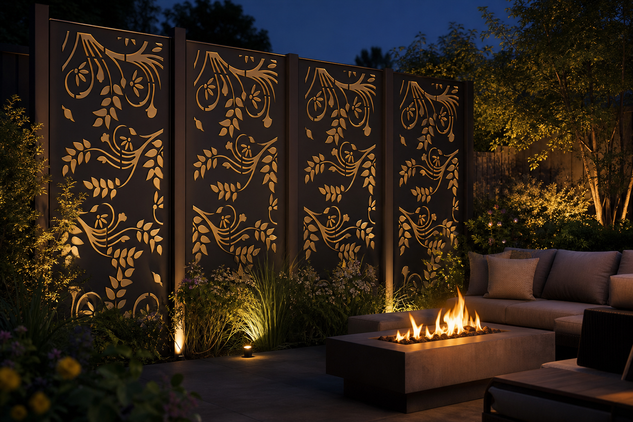 Design 110 Bird Garden Laser Cut Metal Privacy Screen Panel installed garden night lighting view