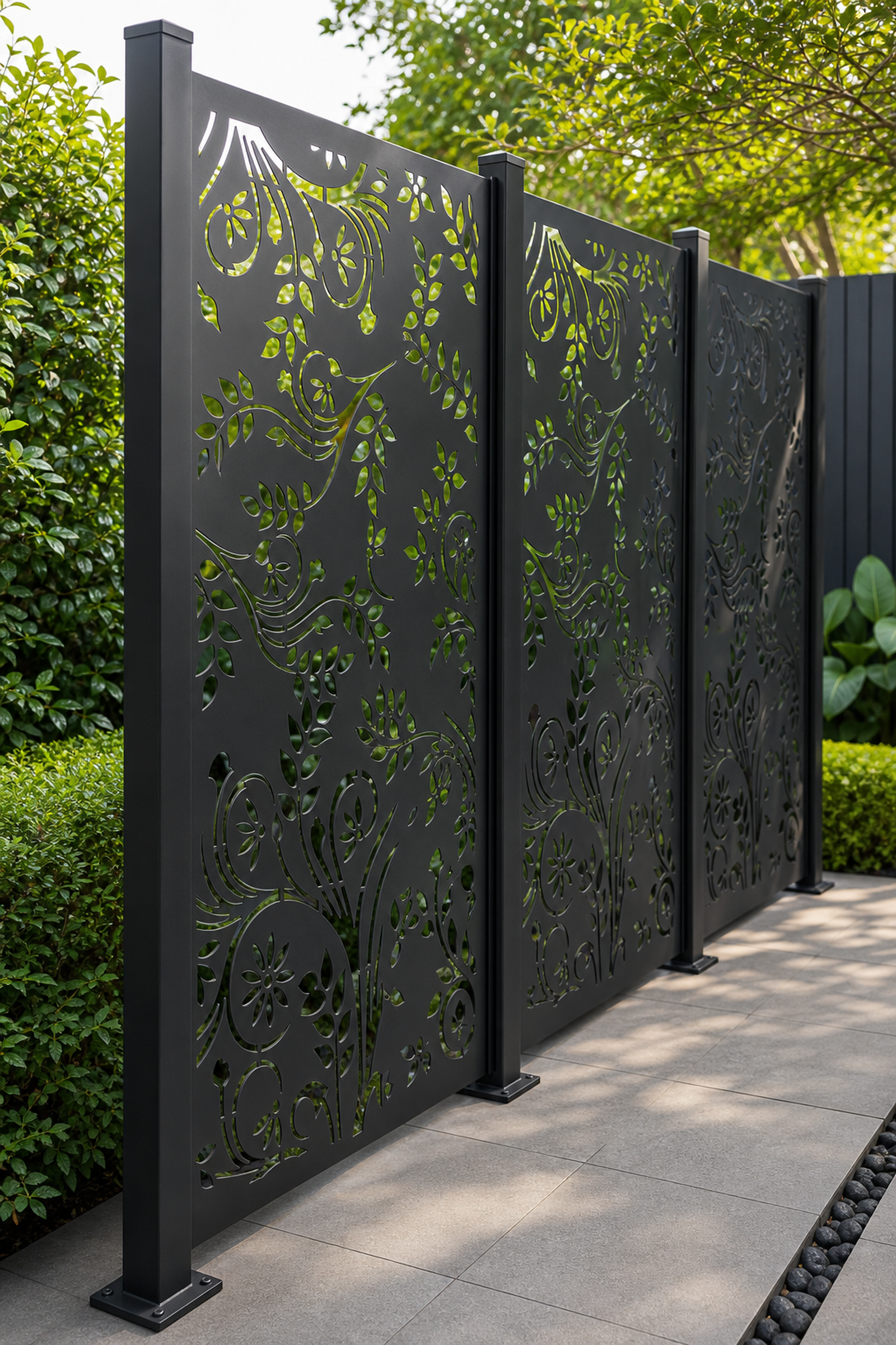 Design 110 Bird Garden Laser Cut Metal Privacy Screen Panel oblique angle view