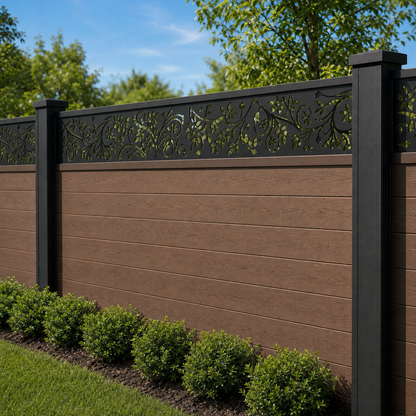 Butterfly Floral Lace laser cut fence extension panel installed on composite fence, angle view, Design 110