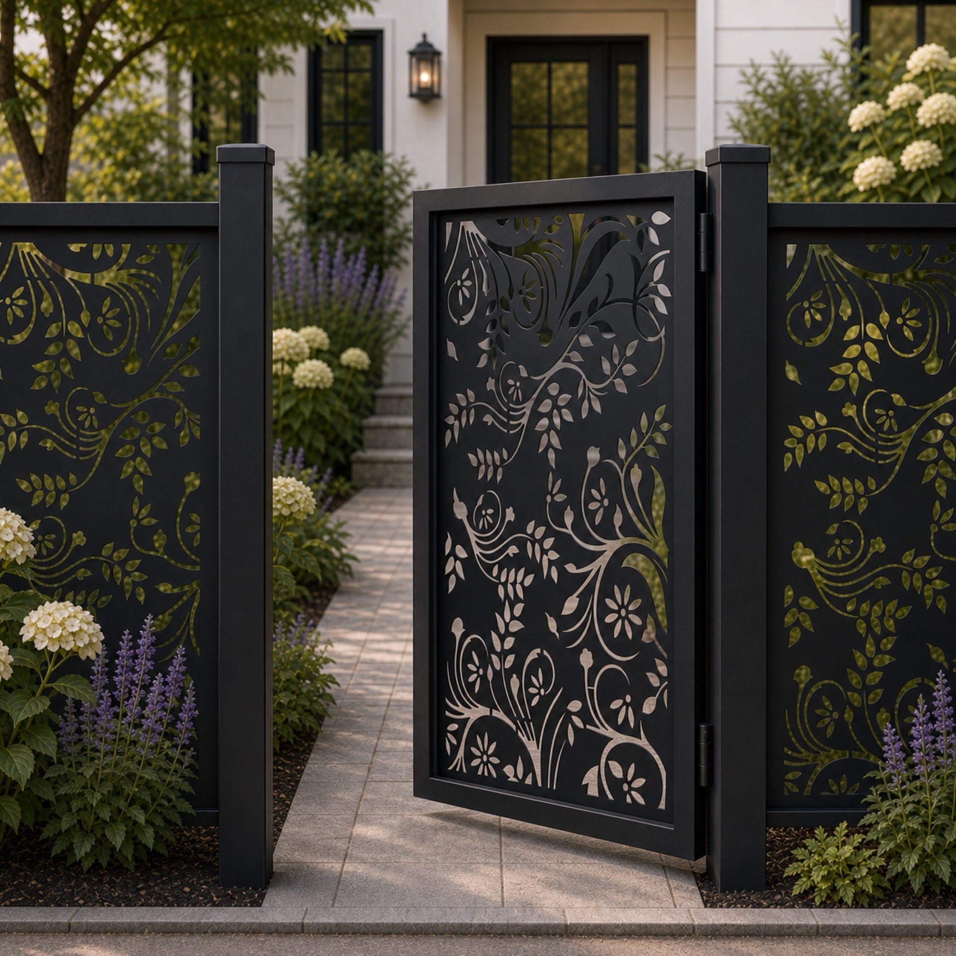 Design 110 open floral bird branch black aluminium side gate open view