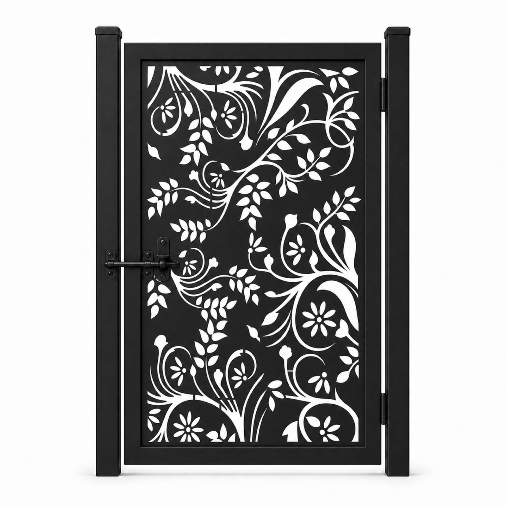 Design 110 open floral bird branch black laser cut metal pedestrian gate closed view