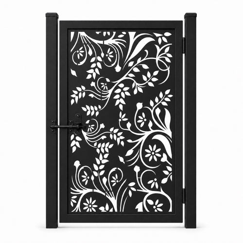 Design 110 open floral bird branch black laser cut metal pedestrian gate closed view