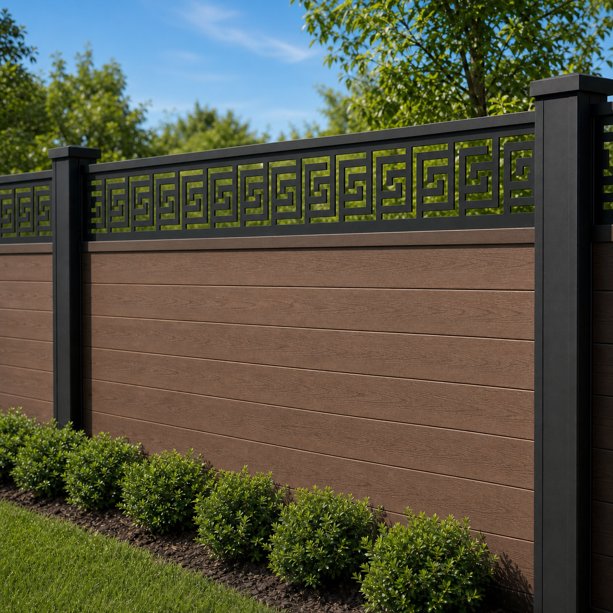 Bold Greek Key laser cut fence extension panel installed on composite fence, angle view, Design 111