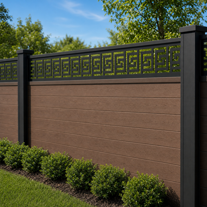 Bold Greek Key laser cut fence extension panel installed on composite fence, angle view, Design 111