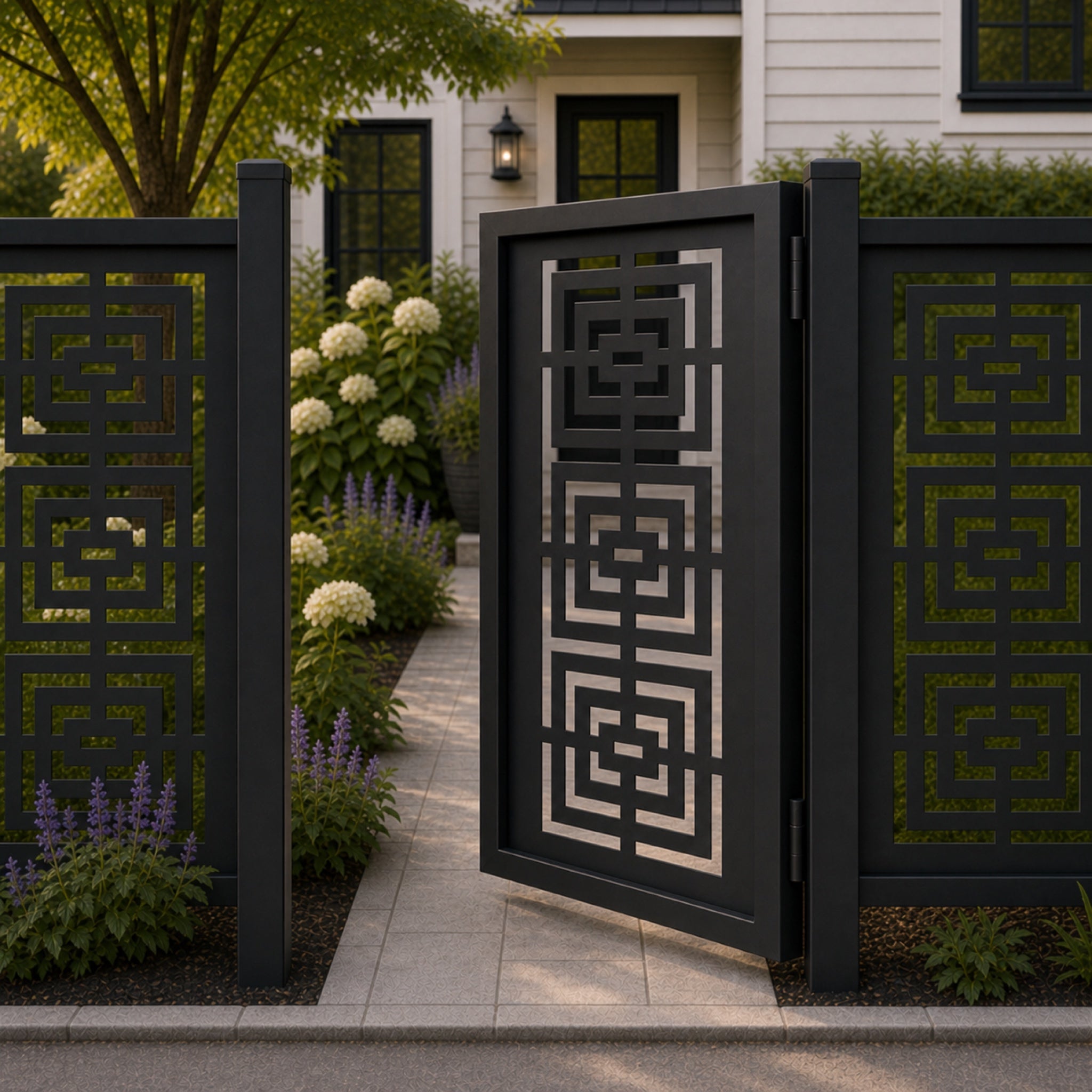Design 111 right angle maze greek key black aluminium side gate open view