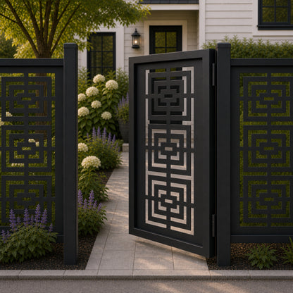 Design 111 right angle maze greek key black aluminium side gate open view