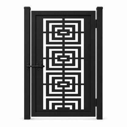Design 111 right angle maze greek key black laser cut metal pedestrian gate closed view