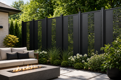 Design 111 Square Greek Key Laser Cut Metal Privacy Screen Panel installed garden daylight view