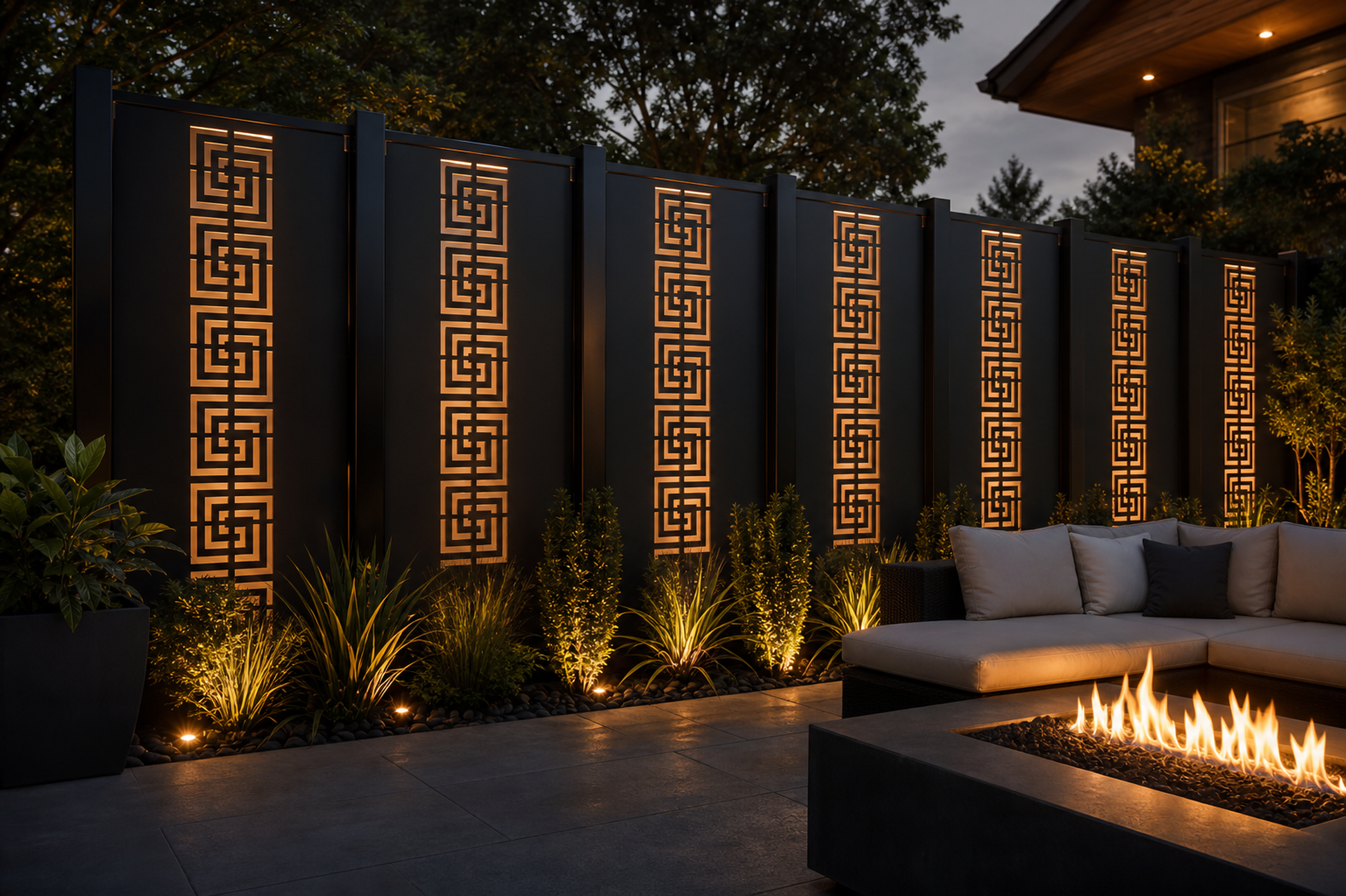 Design 111 Square Greek Key Laser Cut Metal Privacy Screen Panel installed garden night lighting view