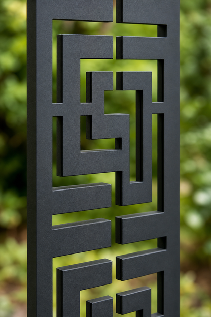 Design 111 Square Greek Key Laser Cut Metal Privacy Screen Panel close-up detail view