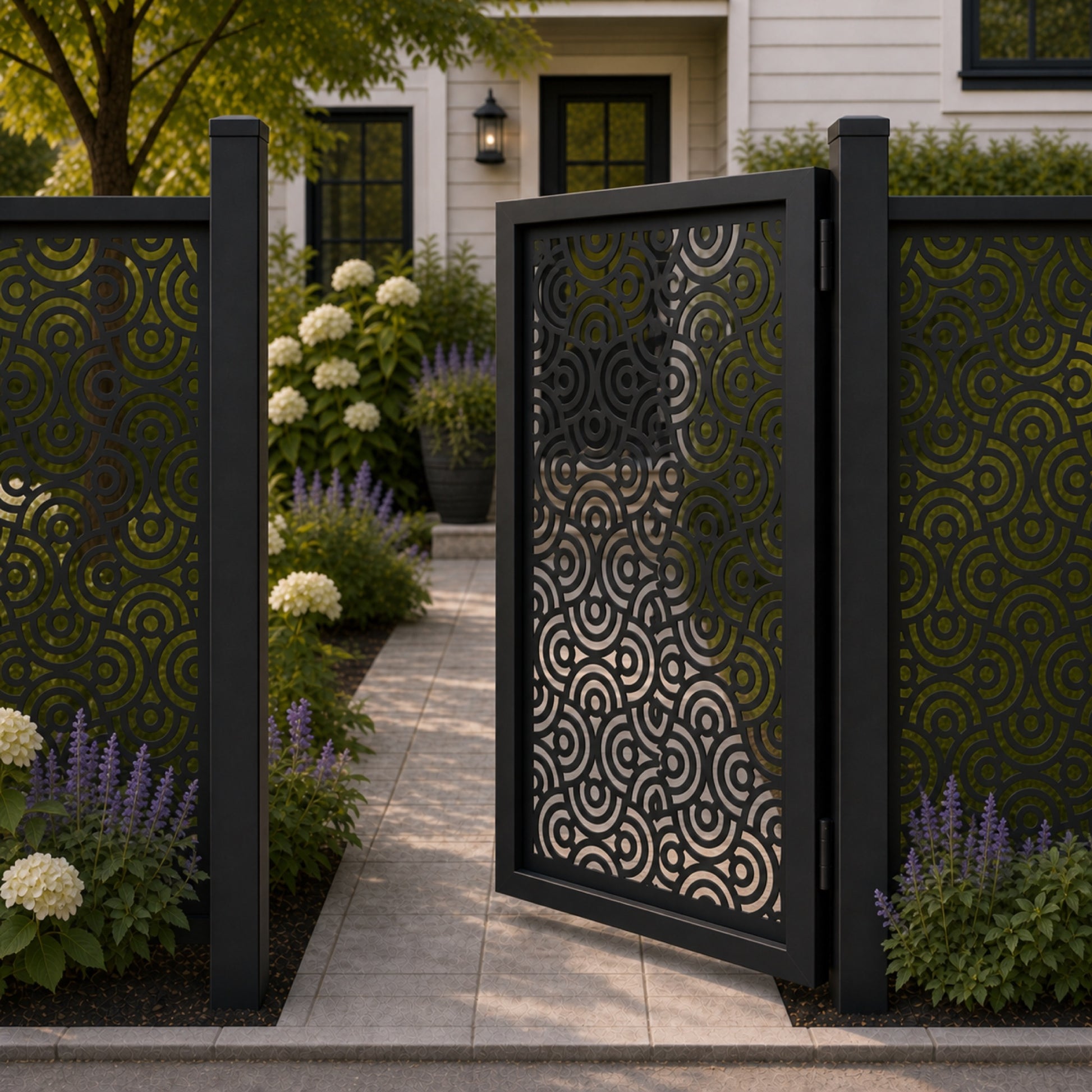 Design 112 concentric arc wave black aluminium side gate open view