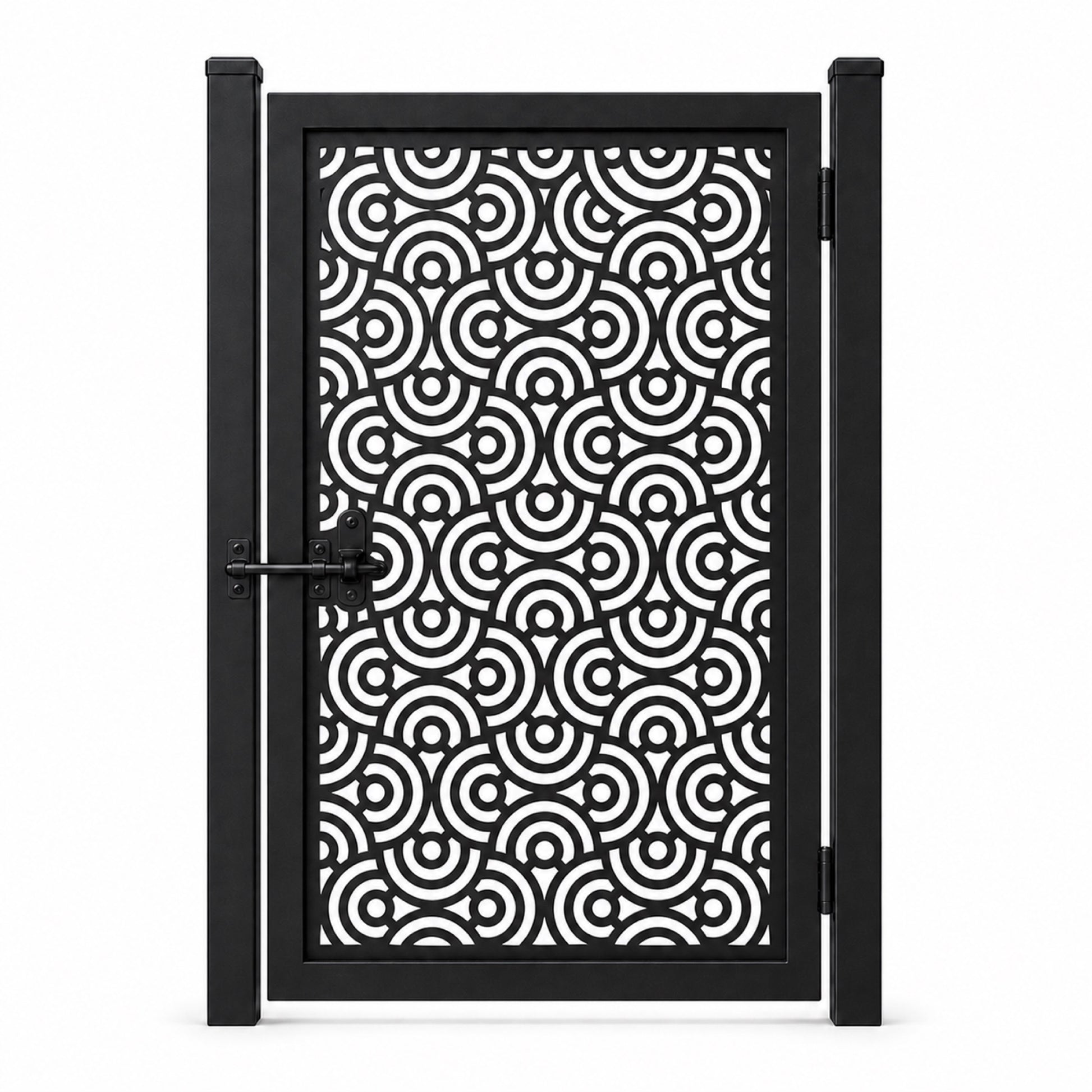 Design 112 concentric arc wave black laser cut metal pedestrian gate closed view