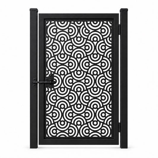Design 112 concentric arc wave black laser cut metal pedestrian gate closed view
