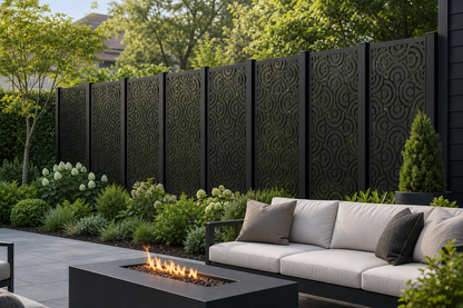 Design 112 Tiny Spiral Grid Laser Cut Metal Privacy Screen Panel installed garden daylight view