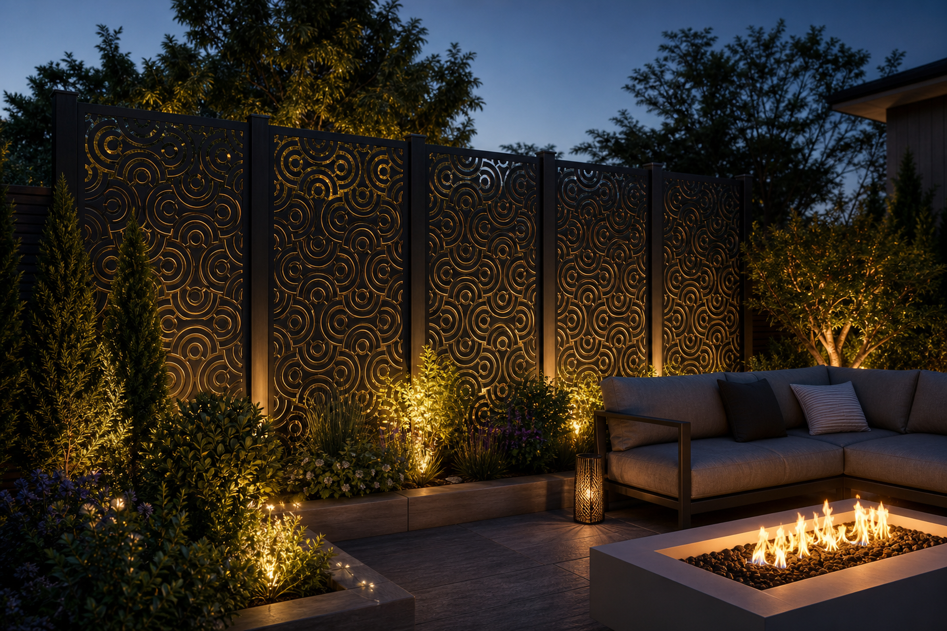 Design 112 Tiny Spiral Grid Laser Cut Metal Privacy Screen Panel installed garden night lighting view