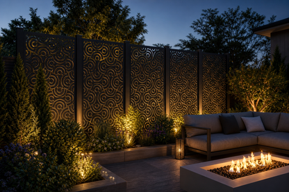 Design 112 Tiny Spiral Grid Laser Cut Metal Privacy Screen Panel installed garden night lighting view