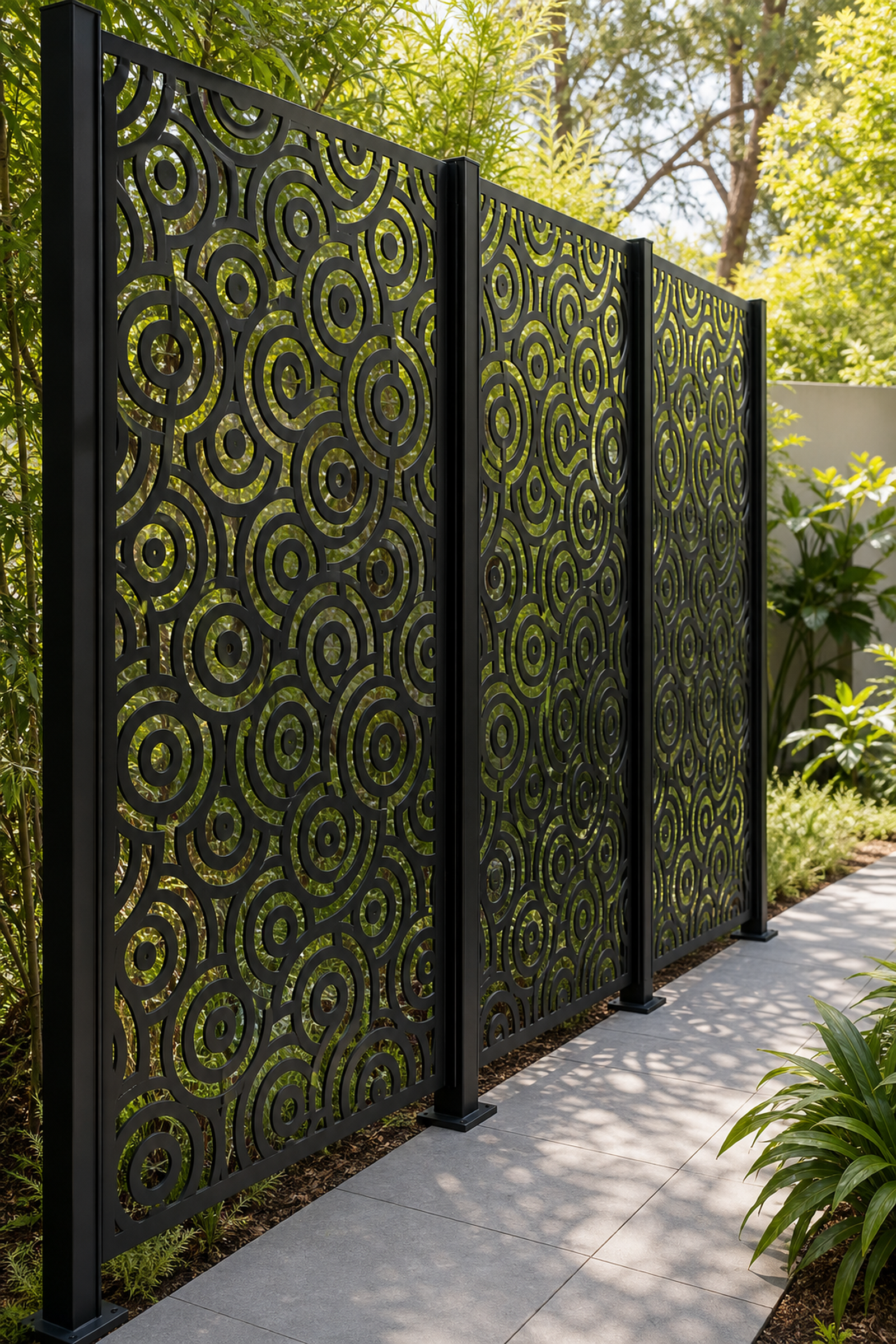 Design 112 Tiny Spiral Grid Laser Cut Metal Privacy Screen Panel oblique angle view