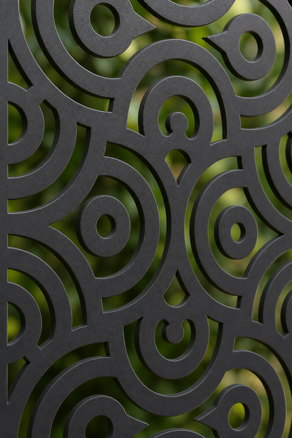 Design 112 Tiny Spiral Grid Laser Cut Metal Privacy Screen Panel close-up detail view