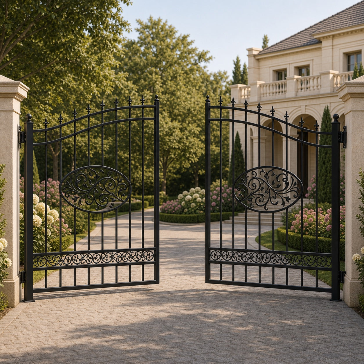 EONE Design 113 low arch double swing property gate shown 30 degrees open for driveway entry view