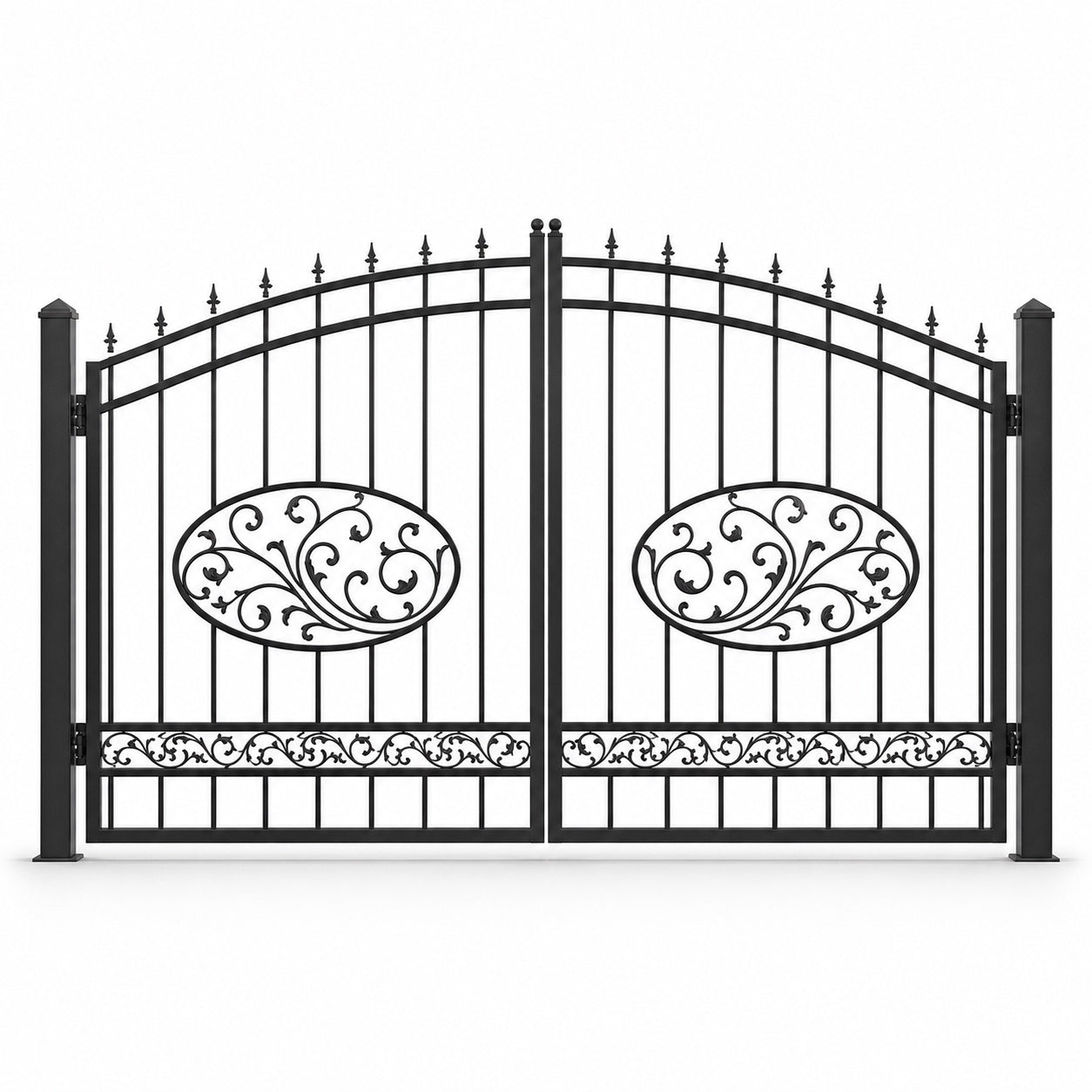 EONE Design 113 low arch double swing property gate shown as a closed double swing estate driveway gate