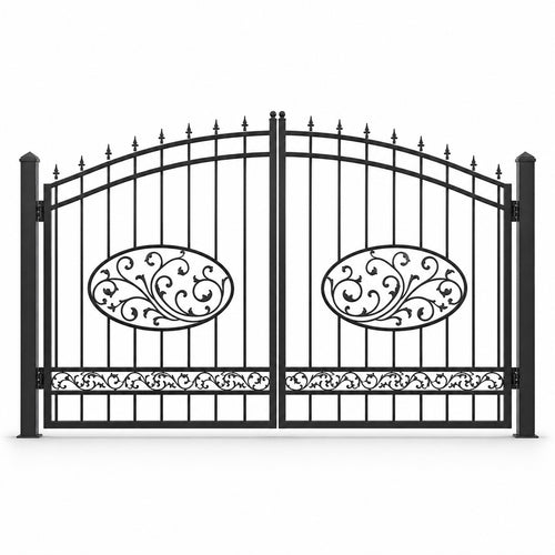 EONE Design 113 low arch double swing property gate shown as a closed double swing estate driveway gate