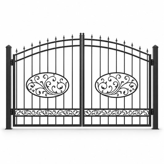 EONE Design 113 low arch double swing property gate shown as a closed double swing estate driveway gate