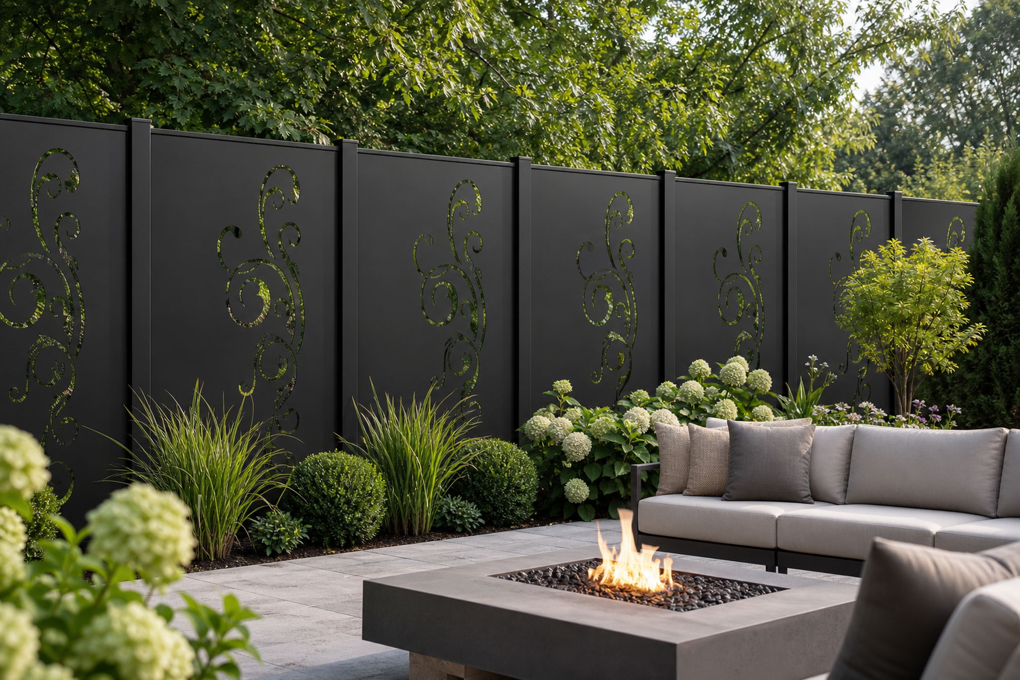 Design 113 Minimal Vine Laser Cut Metal Privacy Screen Panel installed garden daylight view