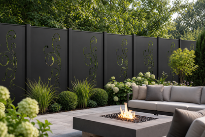Design 113 Minimal Vine Laser Cut Metal Privacy Screen Panel installed garden daylight view