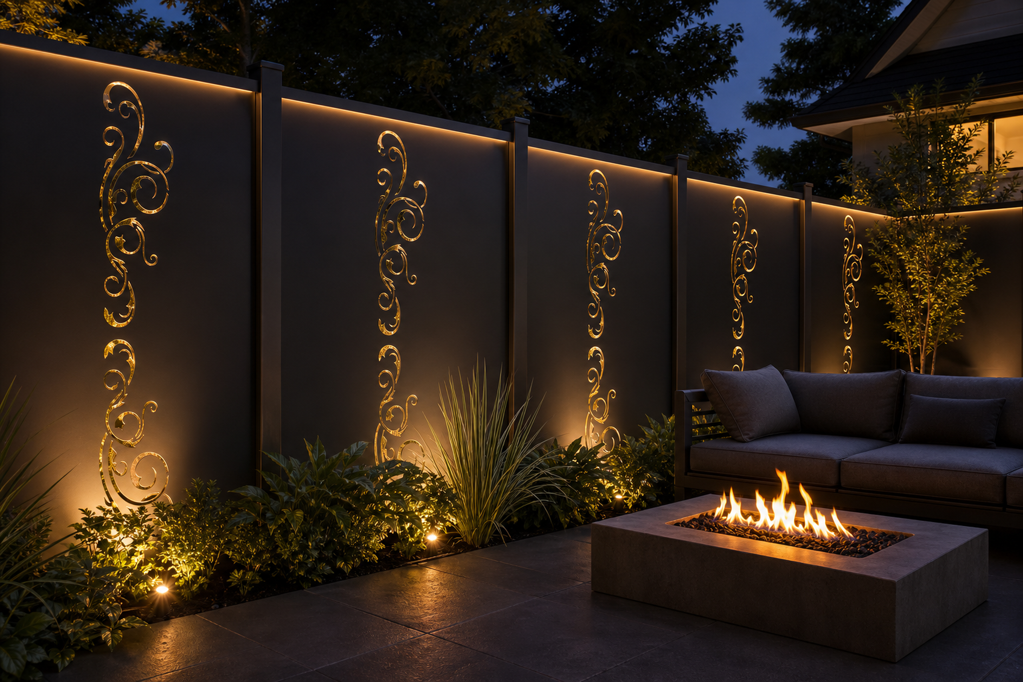 Design 113 Minimal Vine Laser Cut Metal Privacy Screen Panel installed garden night lighting view