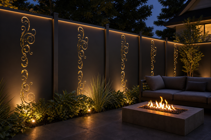 Design 113 Minimal Vine Laser Cut Metal Privacy Screen Panel installed garden night lighting view