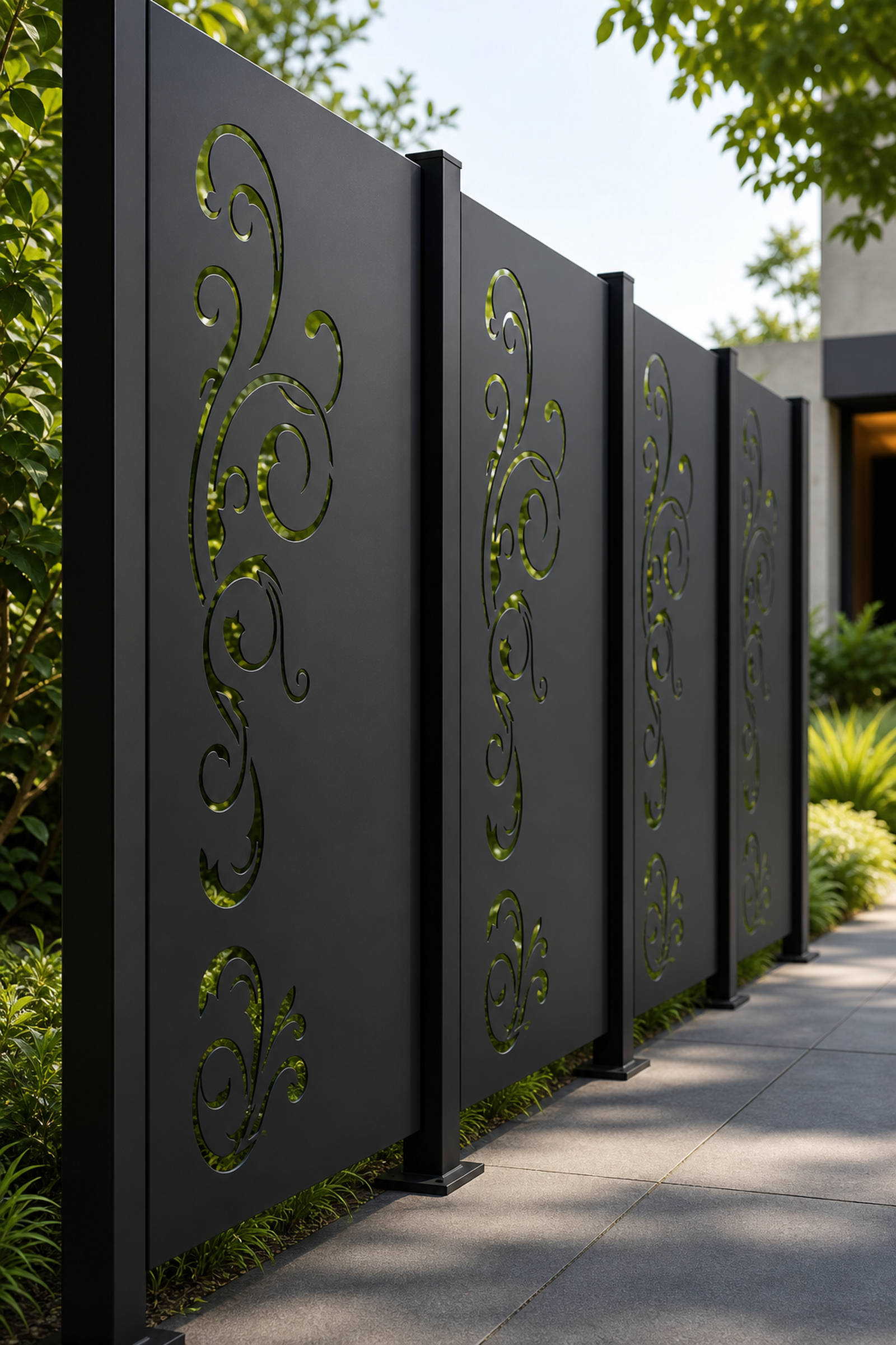 Design 113 Minimal Vine Laser Cut Metal Privacy Screen Panel oblique angle view