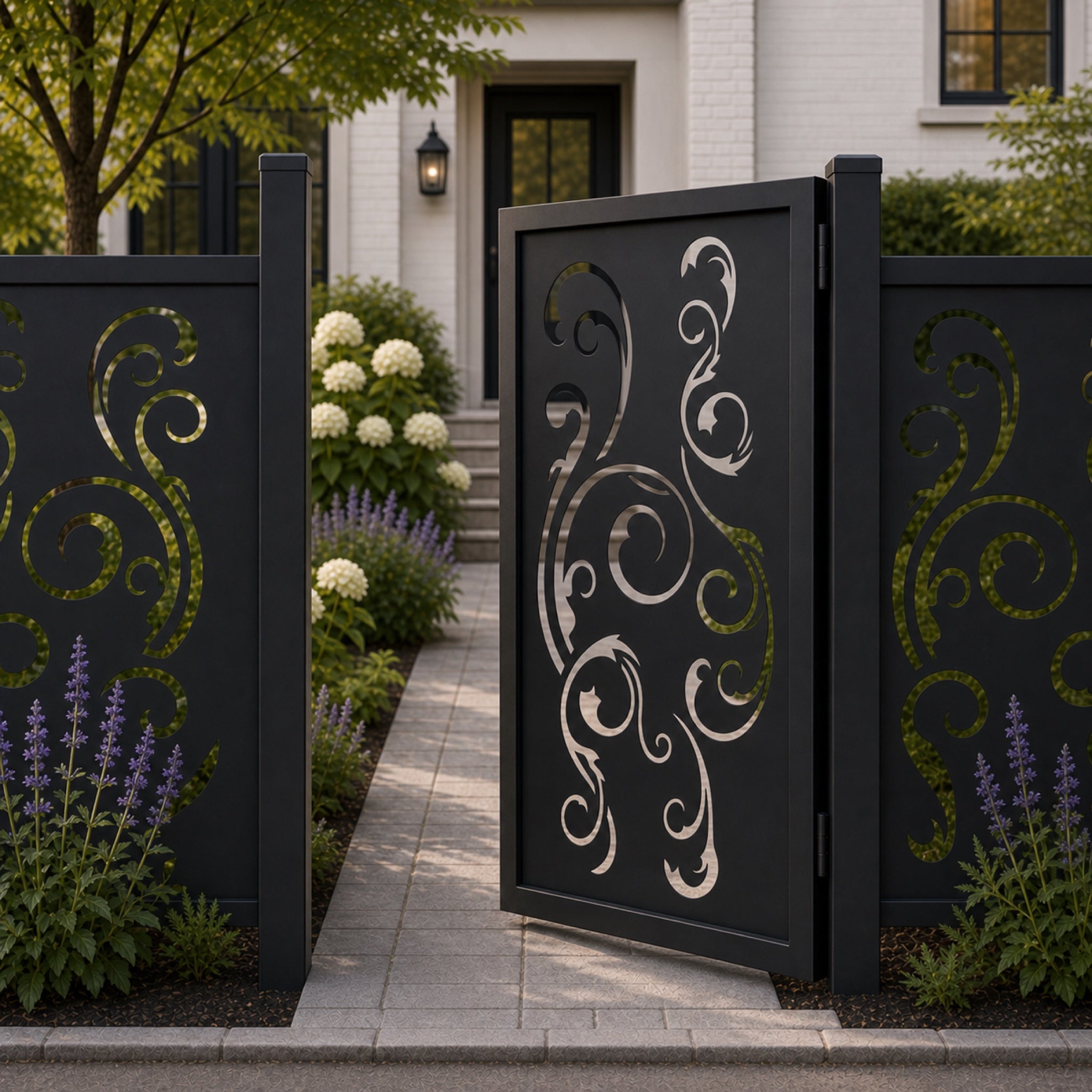 Design 113 open large scrollwork black aluminium side gate open view