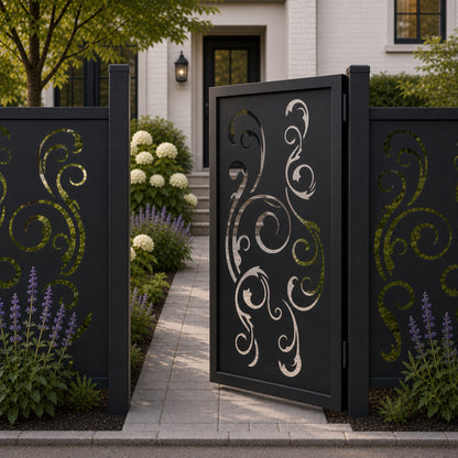 Design 113 open large scrollwork black aluminium side gate open view