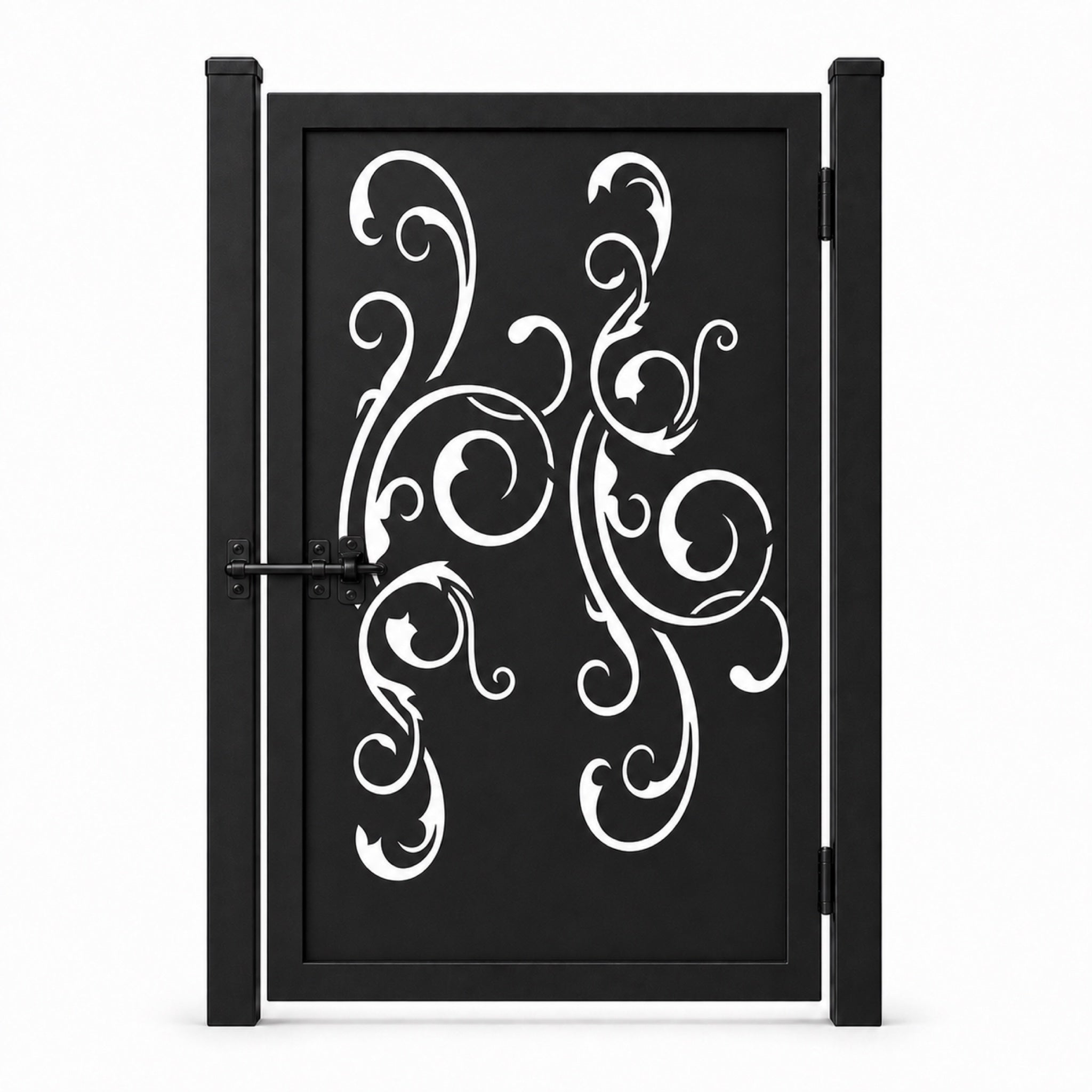 Design 113 open large scrollwork black laser cut metal pedestrian gate closed view