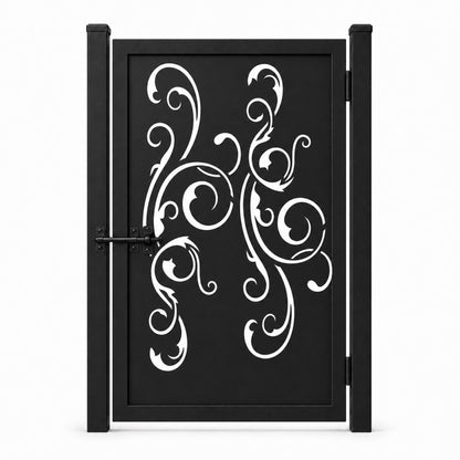 Design 113 open large scrollwork black laser cut metal pedestrian gate closed view