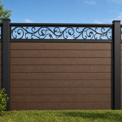 Open Vine Scroll metal fence topper installed above WPC composite privacy fence, front view, Design 113
