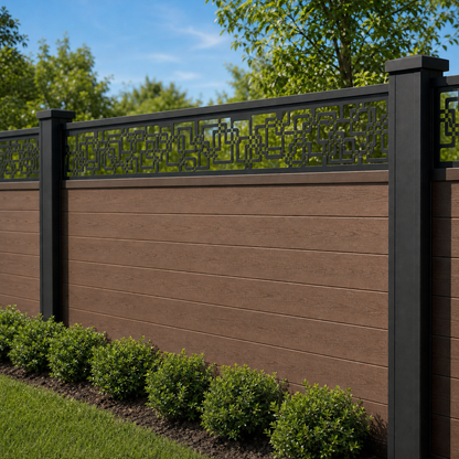 Digital Maze Geometric laser cut fence extension panel installed on composite fence, angle view, Design 114
