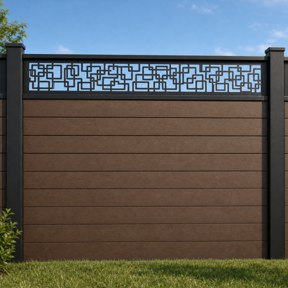 Digital Maze Geometric metal fence topper installed above WPC composite privacy fence, front view, Design 114